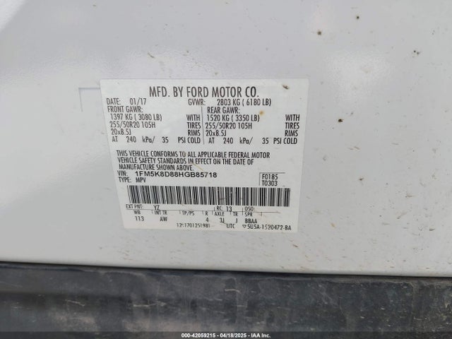 1FM5K8D88HGB85718 Ford EXPLORER XLT