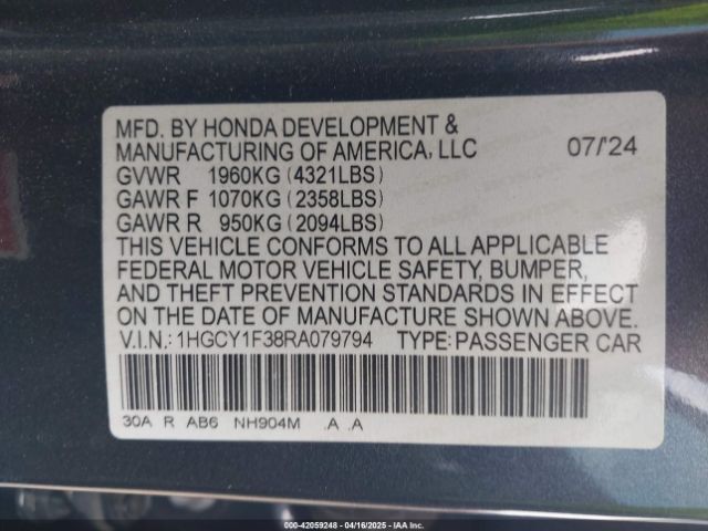 1HGCY1F38RA079794 Honda ACCORD EX