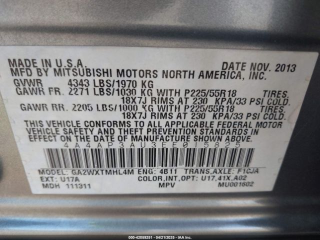 4A4AP3AU3EE015825 Mitsubishi Outlander Sport Es