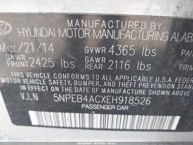 5NPEB4ACXEH918526 Hyundai SONATA GLS