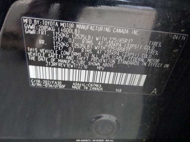 2T3RFREV1EW172216 Toyota Rav4 Xle