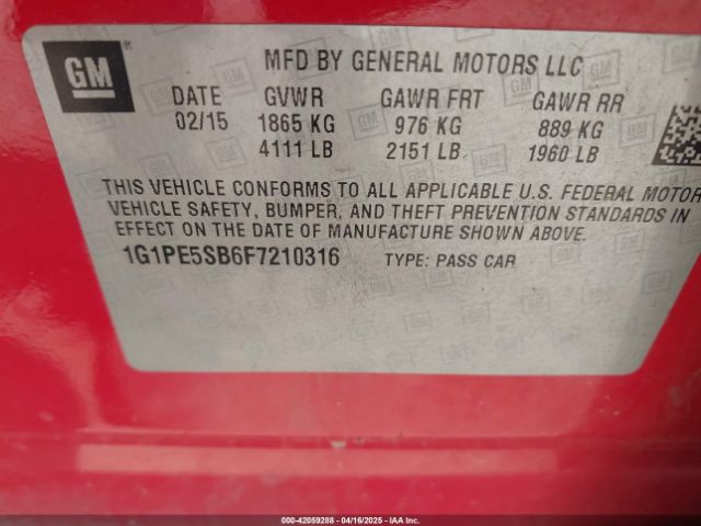 1G1PE5SB6F7210316 Chevrolet Cruze 2lt Auto