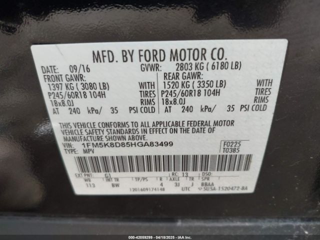 1FM5K8D85HGA83499 Ford EXPLORER XLT