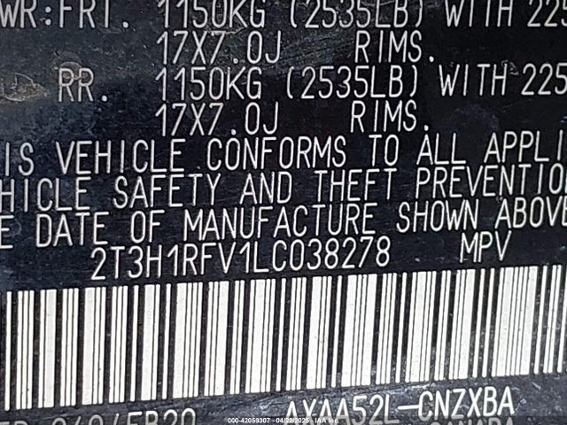 2T3H1RFV1LC038278 Toyota RAV4 LE