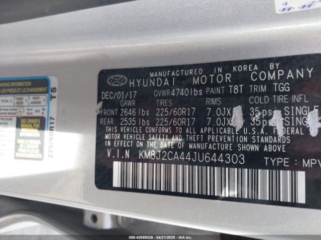 KM8J2CA44JU644303 Hyundai TUCSON SE