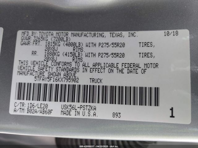 5TFAY5F16KX795902 Toyota Tundra Platinum 5.7l V8