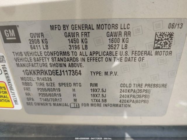 1GKKRRKD6EJ117364 GMC Acadia Slt-1