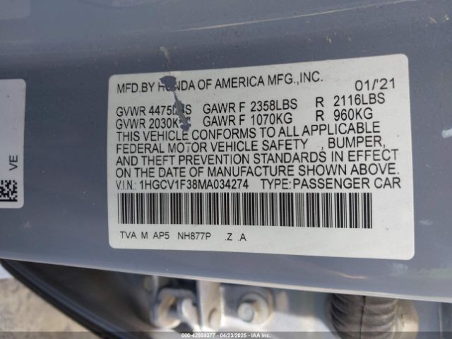 2021 HONDA ACCORD 1HGCV1F38MA034274 Photo 8