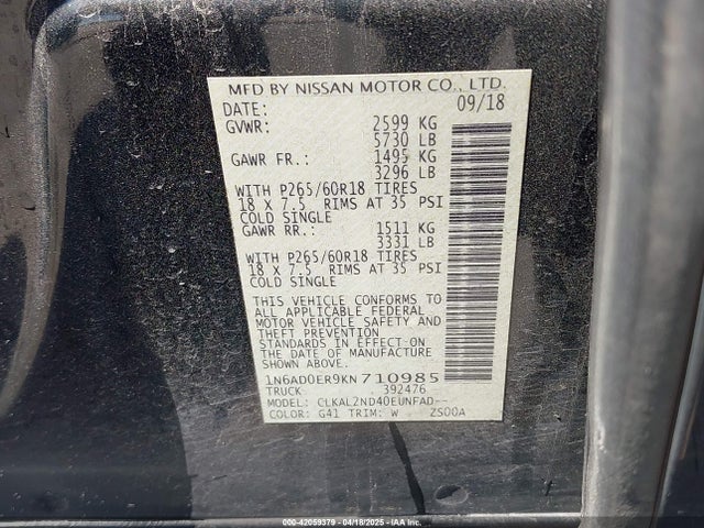 1N6AD0ER9KN710985 Nissan Frontier Sv