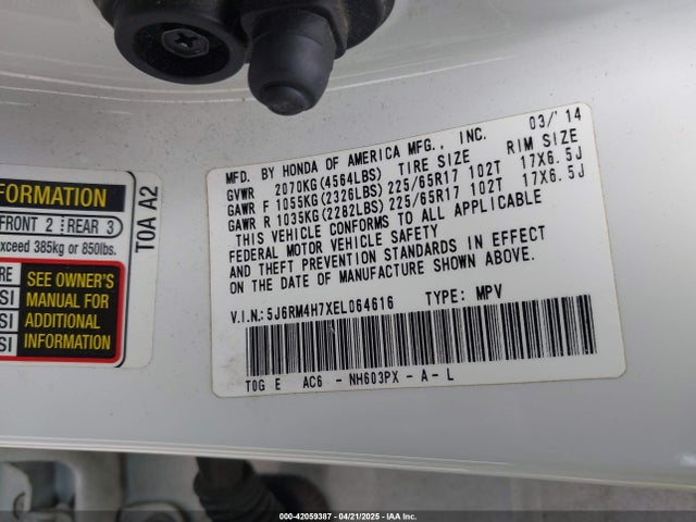 5J6RM4H7XEL064616 Honda Cr-v Ex-l