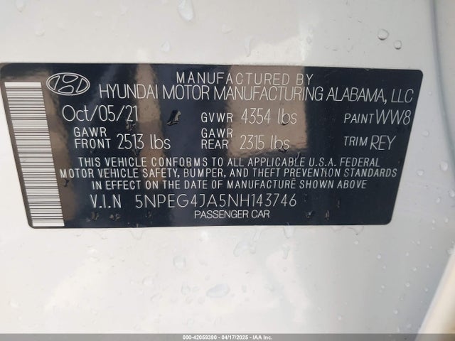 5NPEG4JA5NH143746 Hyundai SONATA SE
