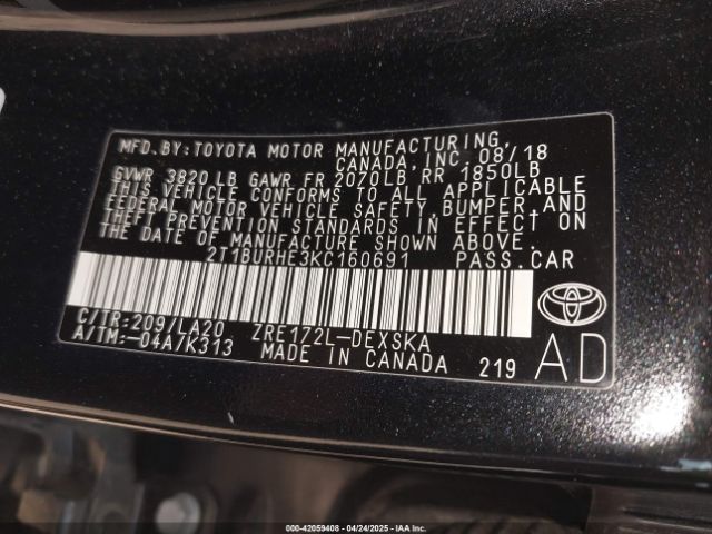 2T1BURHE3KC160691 Toyota Corolla Xse