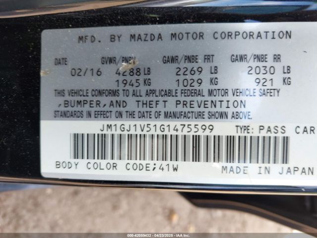 JM1GJ1V51G1475599 Mazda Mazda6 I Touring