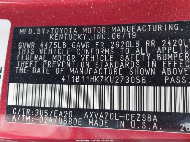 4T1B11HK7KU273056 Toyota CAMRY SE