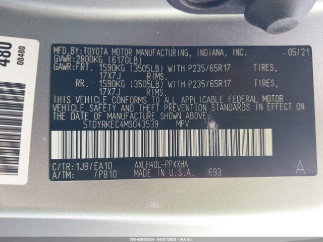 5TDYRKEC4MS043539 Toyota SIENNA XLE