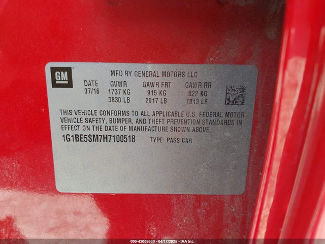 1G1BE5SM7H7100518 Chevrolet Cruze Lt Auto