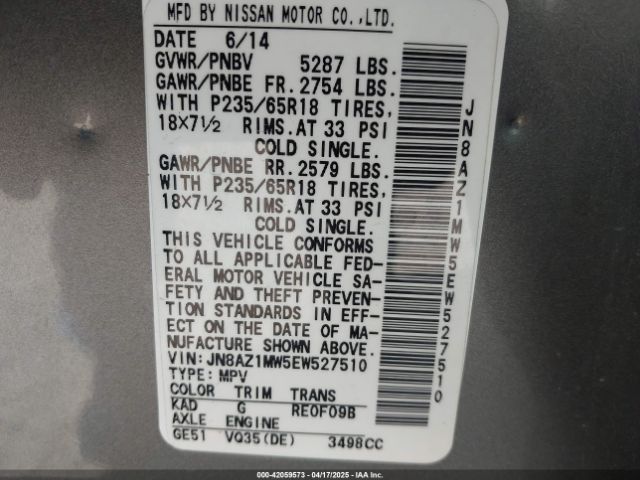 JN8AZ1MW5EW527510 Nissan MURANO SL