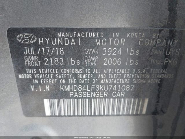 KMHD84LF3KU741087 Hyundai ELANTRA SEL
