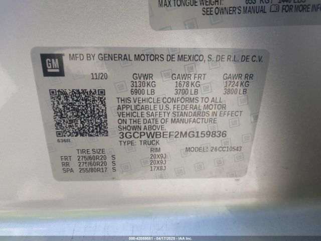 3GCPWBEF2MG159836 Chevrolet Silverado 1500 2wd  Short Bed Custom