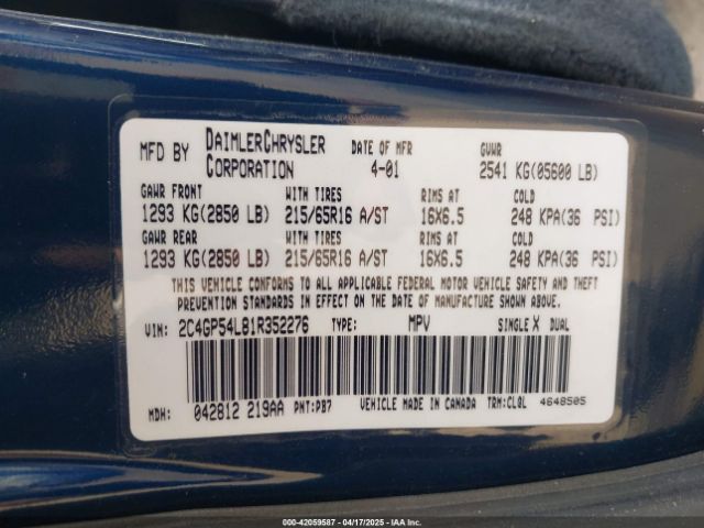 2001 CHRYSLER TOWN & COUNTRY 2C4GP54L81R352276 Photo 8