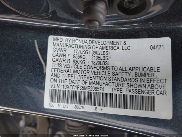 Honda CIVIC EX 2021 19XFC1F35ME208574 Image 9