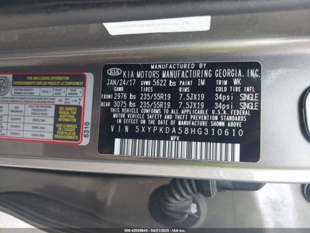 5XYPKDA58HG310610 KIA Sorento 3.3l Sx