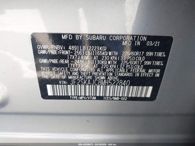 JF2SKAJC8MH522840 Subaru Forester Premium