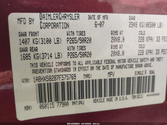 2007 CHRYSLER ASPEN 1A8HX58287F575769 Photo 8