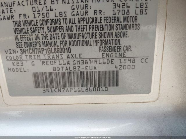 3N1CN7AP1GL860010 Nissan Versa 1.6 S/1.6 S+/1.6 Sl/1.6 Sv