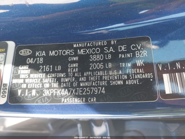 3KPFK4A7XJE257974 KIA FORTE LX