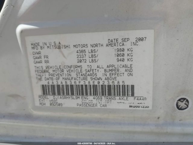 2008 MITSUBISHI GALANT 4A3AB36F38E023585 Photo 8