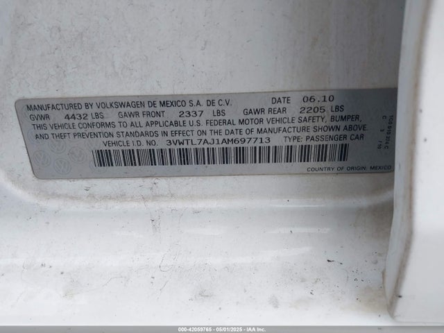 42059765 :رقم المزاد ، 3VWTL7AJ1AM697713 vin ، 2010 Volkswagen Jetta Tdi مزاد بيع