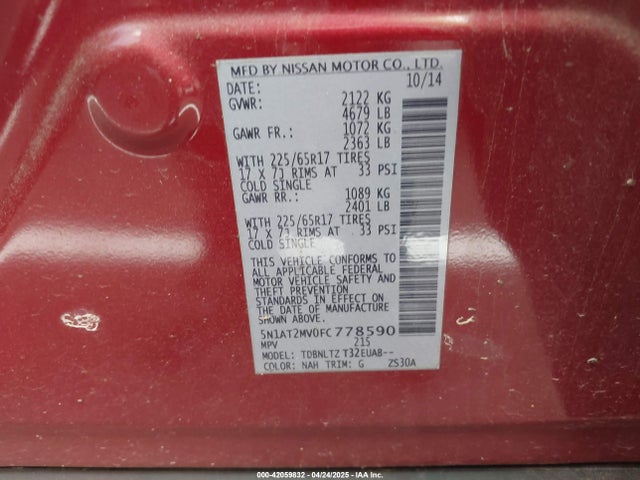 5N1AT2MV0FC778590 Nissan ROGUE SV