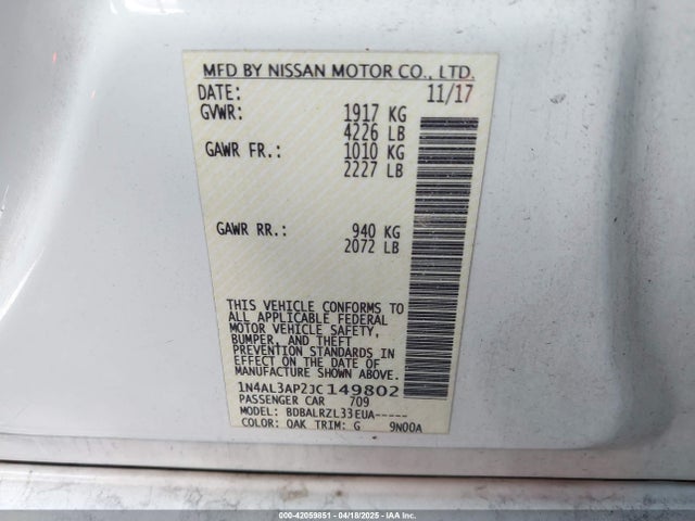 1N4AL3AP2JC149802 Nissan Altima 2.5 Sl
