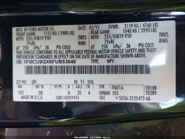 1FMCU9GX6FUB53648 Ford ESCAPE SE