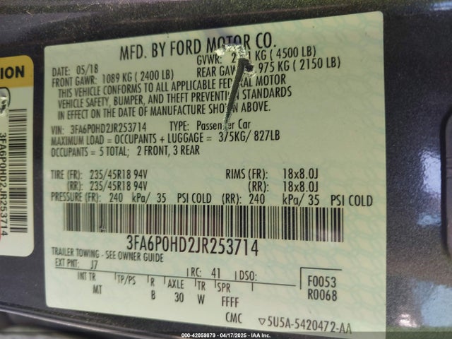 3FA6P0HD2JR253714 Ford FUSION SE