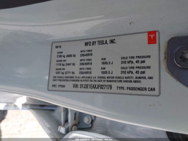 5YJ3E1EAXJF027179 Tesla MODEL 3