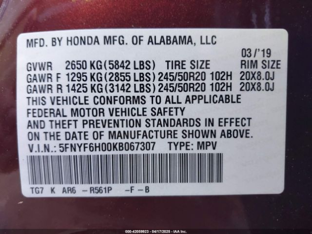 5FNYF6H00KB067307 Honda Pilot Elite