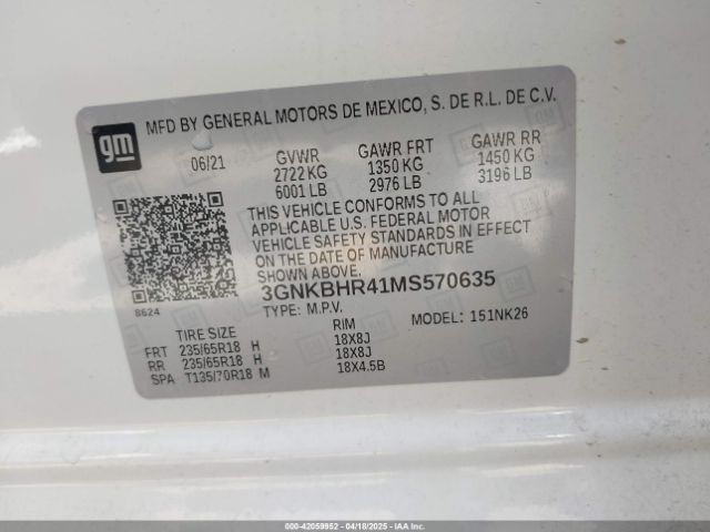 3GNKBHR41MS570635 Chevrolet Blazer Awd 2lt