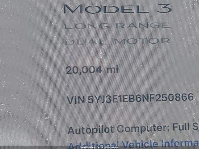 5YJ3E1EB6NF250866 Tesla Model 3 Long Range Dual Motor All-wheel Drive