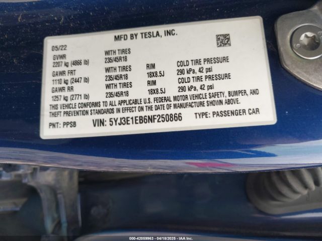 5YJ3E1EB6NF250866 Tesla Model 3 Long Range Dual Motor All-wheel Drive