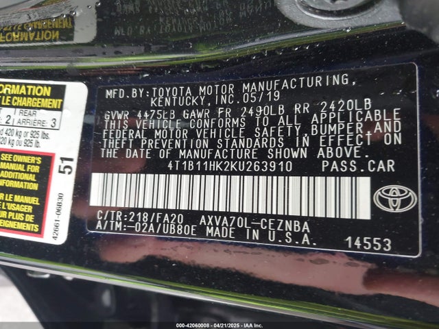4T1B11HK2KU263910 Toyota CAMRY LE