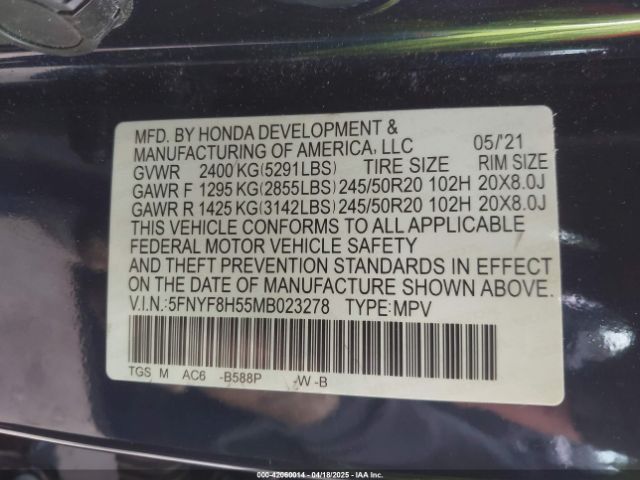 5FNYF8H55MB023278 Honda Passport Awd Ex-l