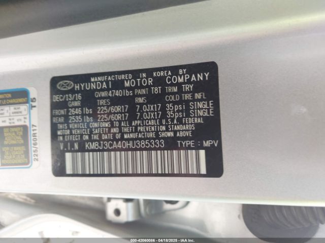 KM8J3CA40HU385333 Hyundai Tucson Se Plus