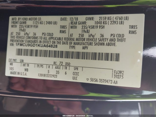 1FMCU9GD1KUA64828 Ford ESCAPE SE