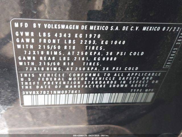 3VVRX7B21NM097841 Volkswagen Taos 1.5t Se