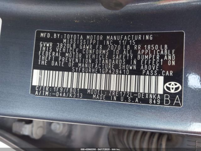 5YFBURHE1GP429410 Toyota COROLLA LE