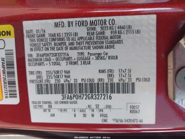 3FA6P0H72GR327216 Ford FUSION SE