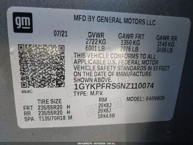 1GYKPFRS6NZ110074 Cadillac Xt6 Awd Premium Luxury