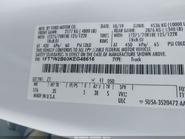 1FT7W2B60KEG48616 Ford F-250 Xlt